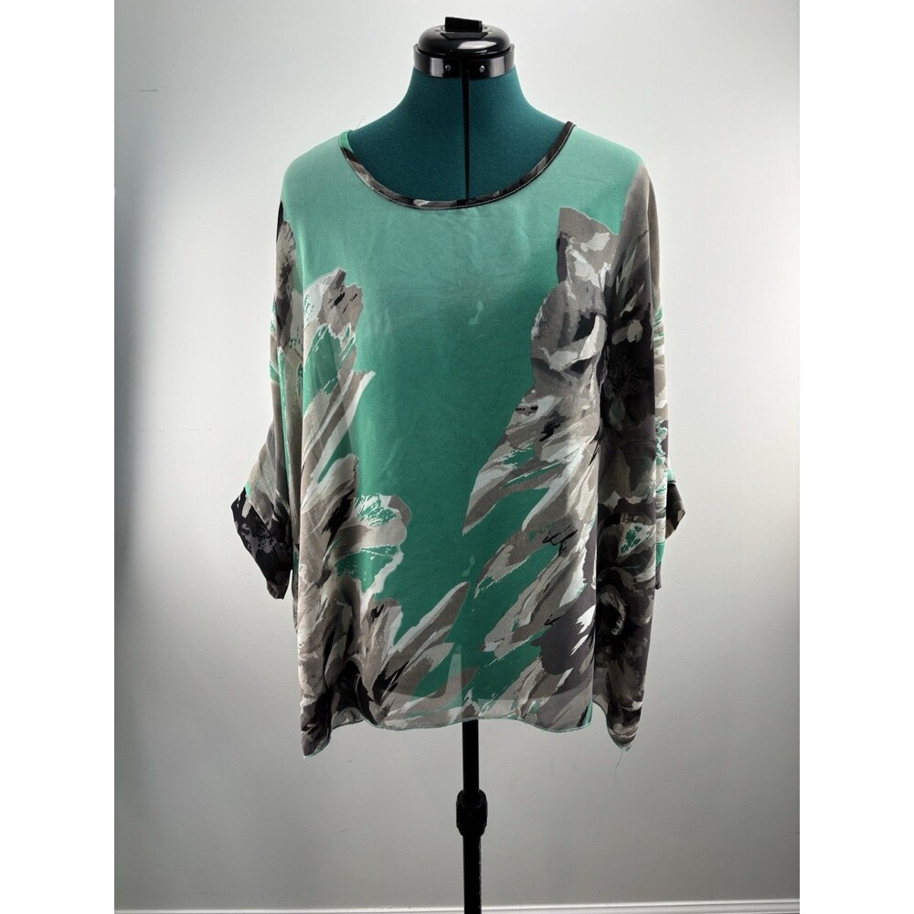 Green & Gray Floral Print Semi Sheer Pull Over Top - Large/ Extra large